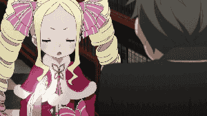 Beatrice showing Subaru where the curse is on his body.