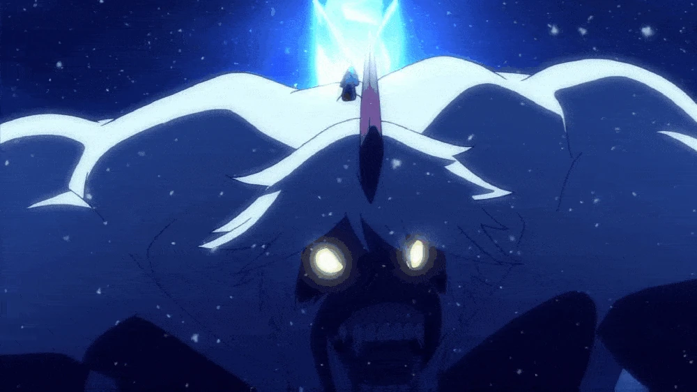 Emilia uses Ice Flower to absorb Snow Blight's life essence