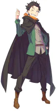 Subaru dressed in an attire protecting him from the harsh environment of the Augria Sand Dunes.