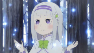 Emilia surrounded by Lesser Spirits.