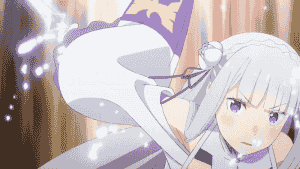 Emilia conjuring a halberd made of ice to use against Sirius.